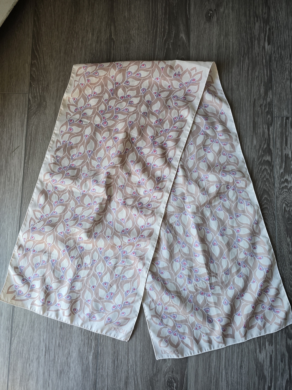 Enjoli Long Skinny Scarf Blush Beige Peacock Leaf Print Sheer Neck Hair Wrap